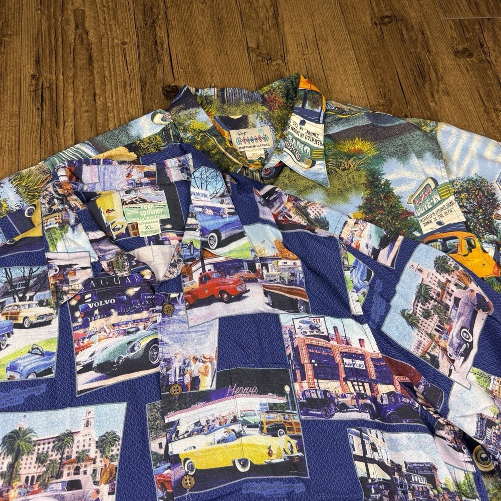Reyn Spooner Hawaiian Shirt Men XL Blue Green Classic Cars Trucks Diner Lot Of 2